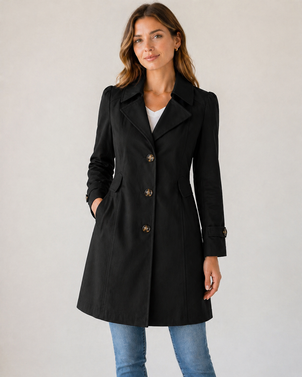 Rosalie | Women's Tailored Short Trench Coat, Buttoned Winter Coat