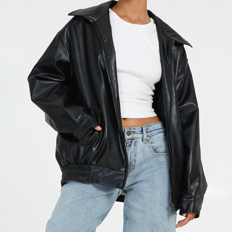 Sofia | Women's Oversized Faux Leather Bomber Jacket Zip Front Autumn Winter