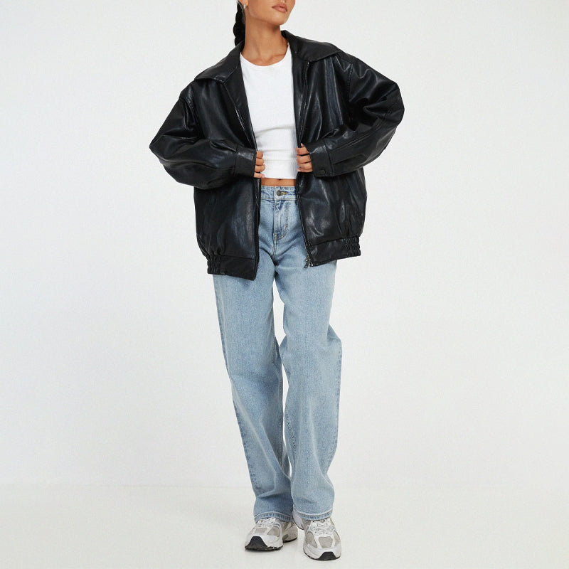 Sofia | Women's Oversized Faux Leather Bomber Jacket Zip Front Autumn Winter
