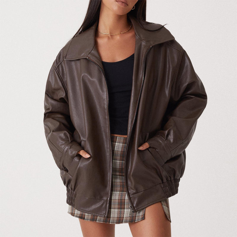 Sofia | Women's Oversized Faux Leather Bomber Jacket Zip Front Autumn Winter