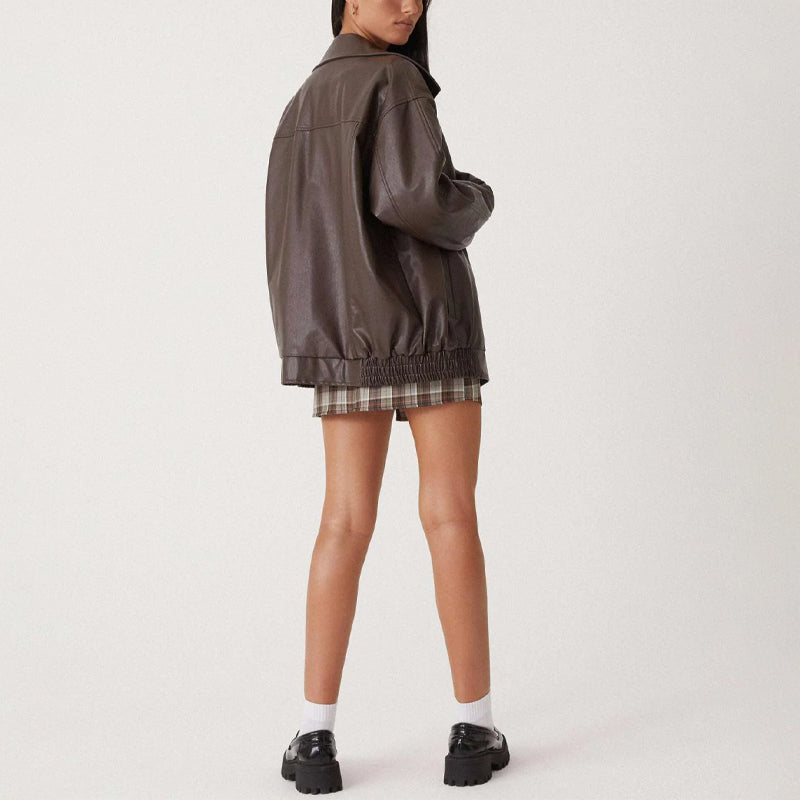 Sofia | Women's Oversized Faux Leather Bomber Jacket Zip Front Autumn Winter
