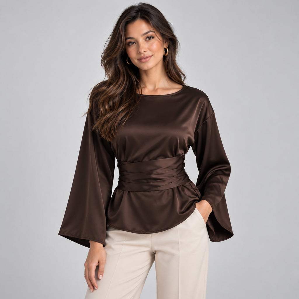 Solene | Women's Satin Look Tie Waist Blouse Long Sleeve