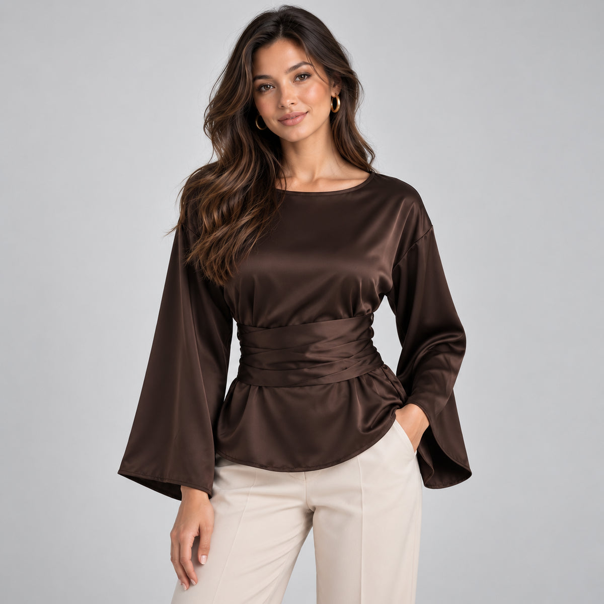 Solene | Women's Satin Look Tie Waist Blouse Long Sleeve