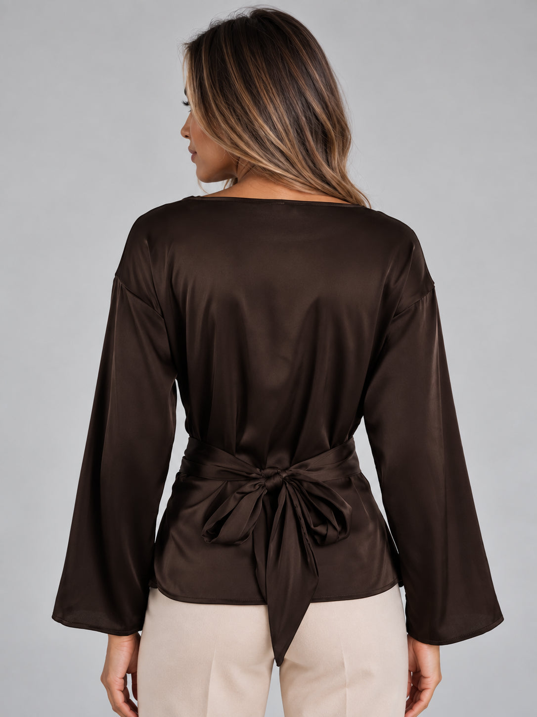 Solene | Women's Satin Look Tie Waist Blouse Long Sleeve