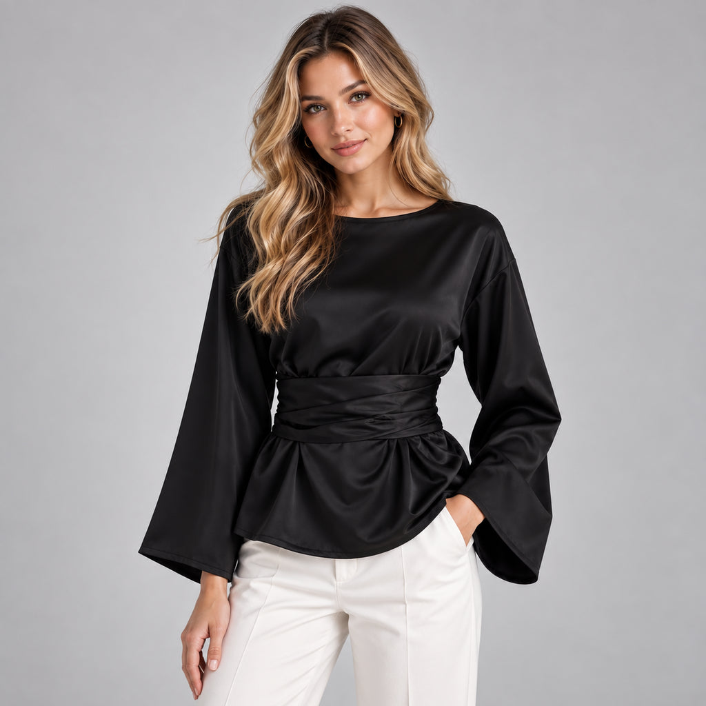 Solene | Women's Satin Look Tie Waist Blouse Long Sleeve