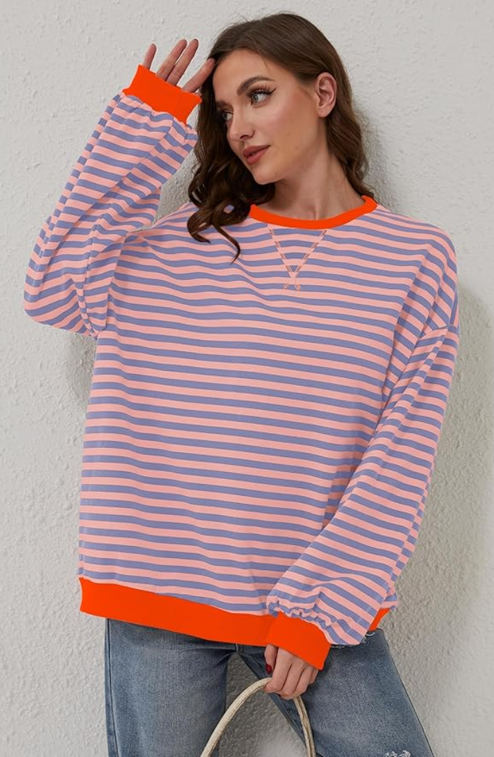 Talia | Women's Oversized Striped Sweatshirt Contrast Trim Drop Shoulder Casual Autumn Winter