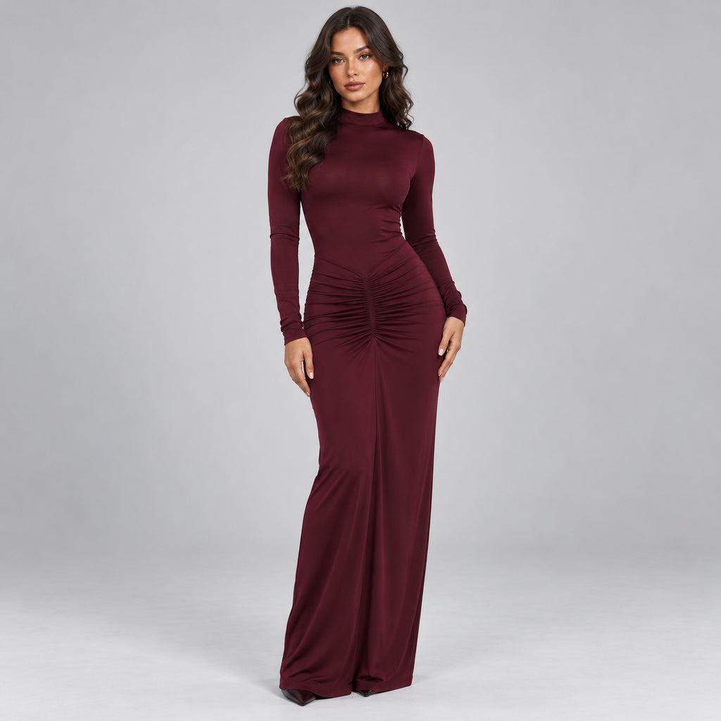 Valentina | Women's Ruched High Neck Maxi Evening Dress Long Sleeve