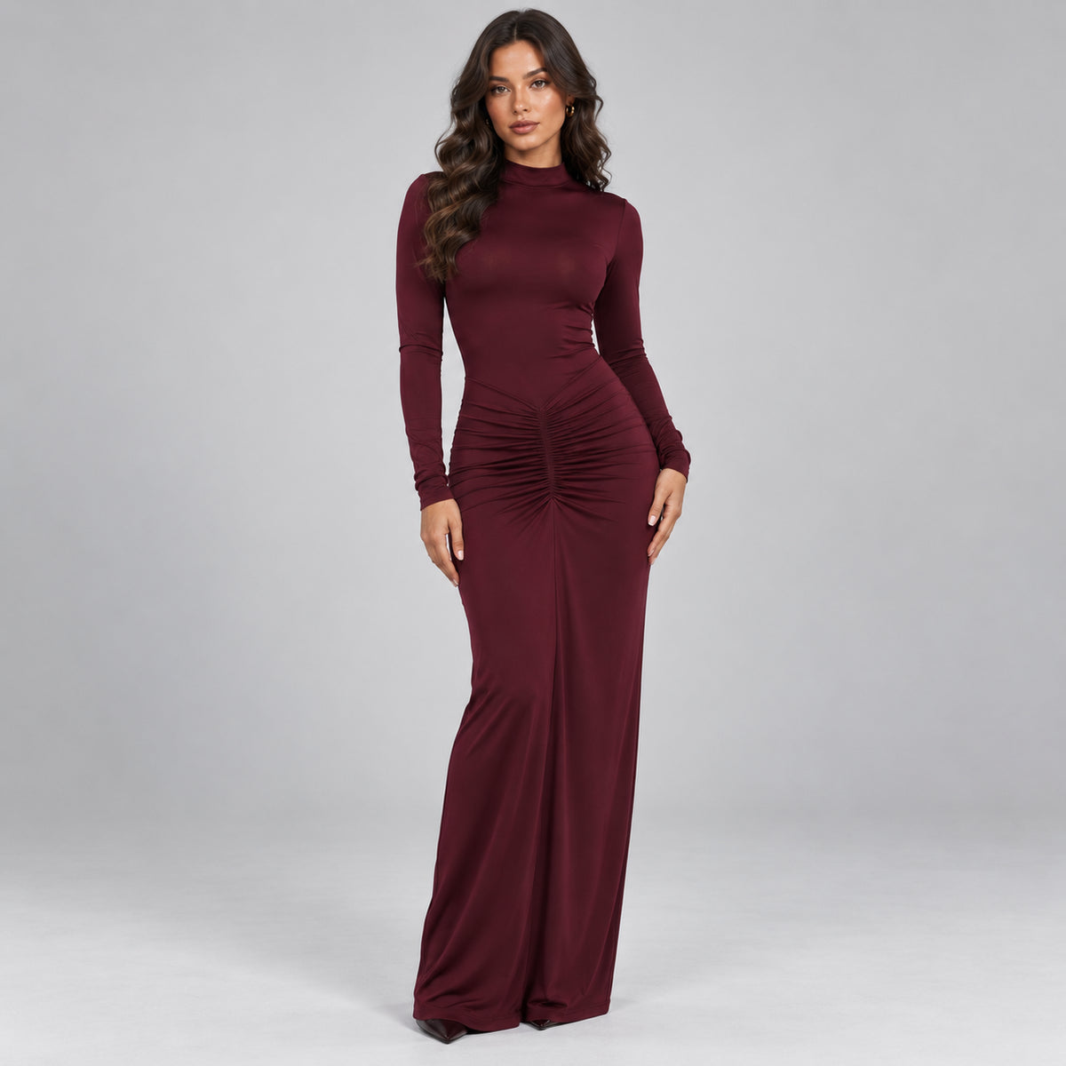 Valentina | Women's Ruched High Neck Maxi Evening Dress Long Sleeve