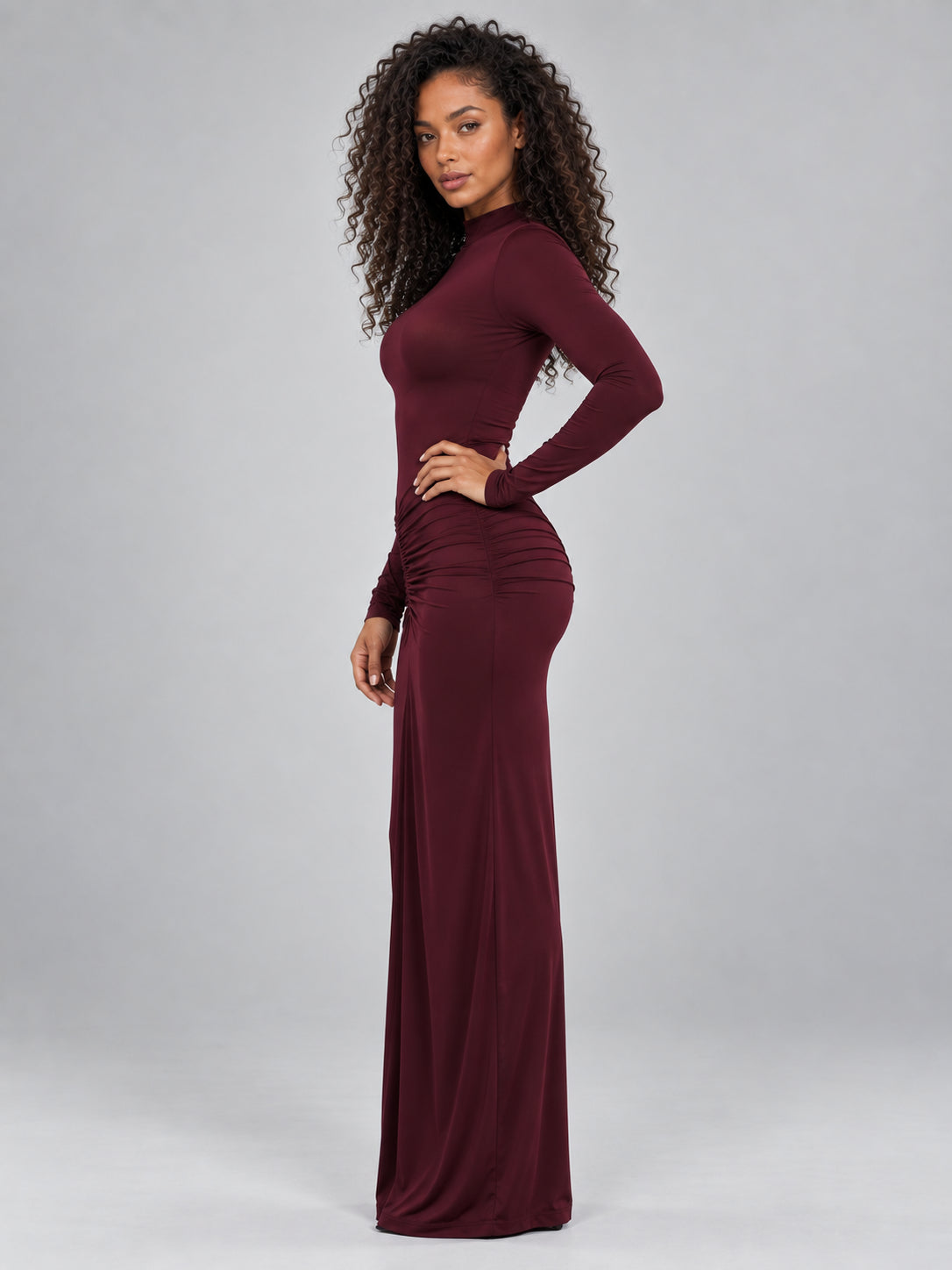 Valentina | Women's Ruched High Neck Maxi Evening Dress Long Sleeve