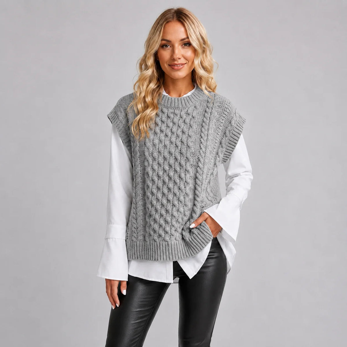 Valeria | Women's Chunky Cable Knit Vest Sweater Round Neck Sleeveless Cosy Autumn Winter