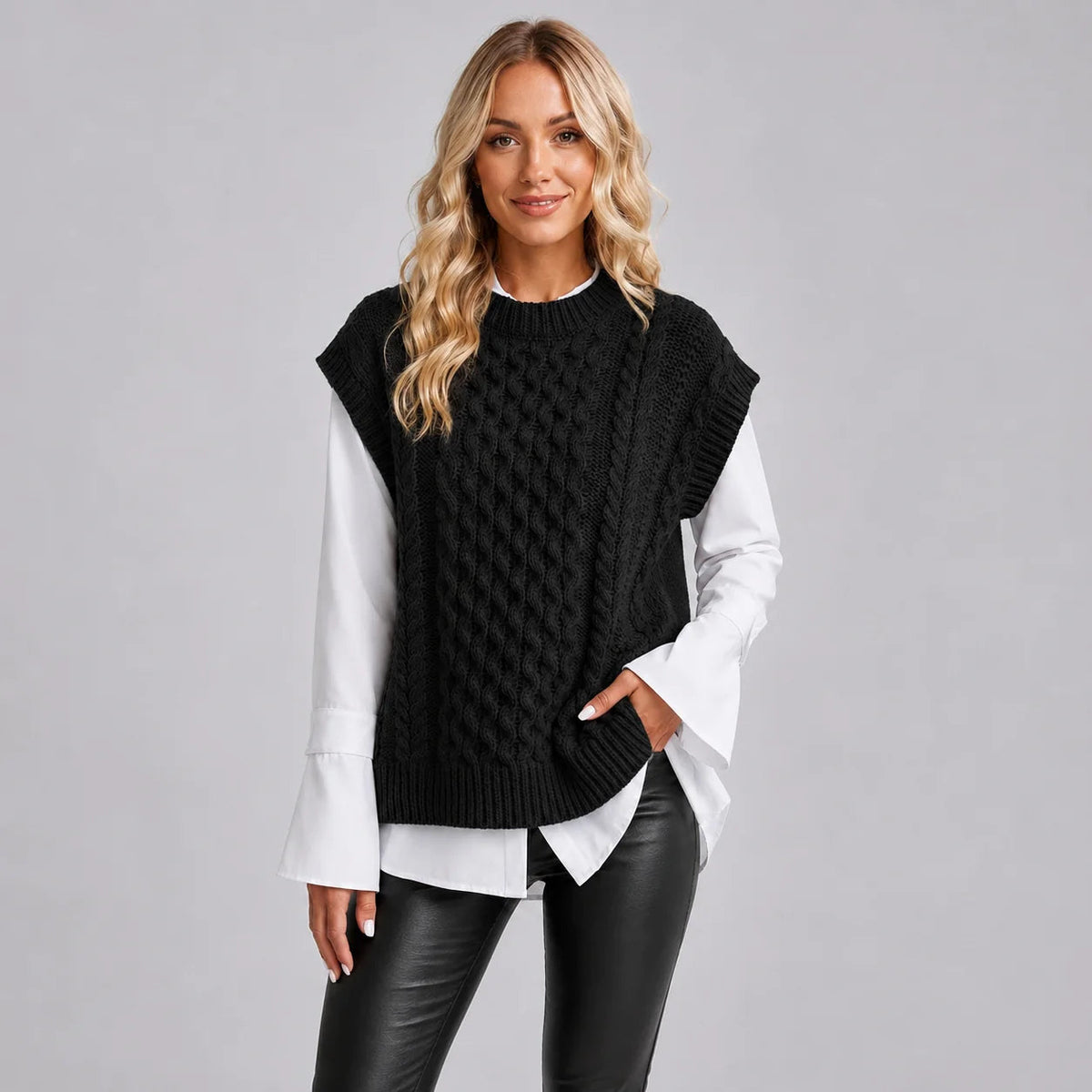 Valeria | Women's Chunky Cable Knit Vest Sweater Round Neck Sleeveless Cosy Autumn Winter