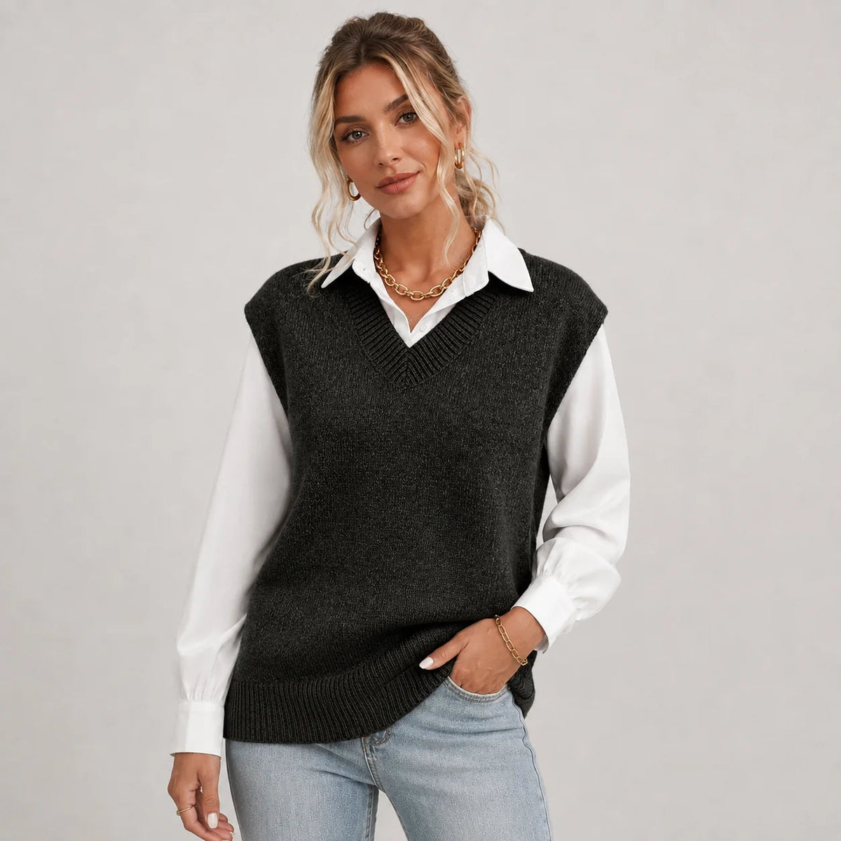 Valerie | Women's Knitted V Neck Vest Sweater Sleeveless Soft Cosy Autumn Winter