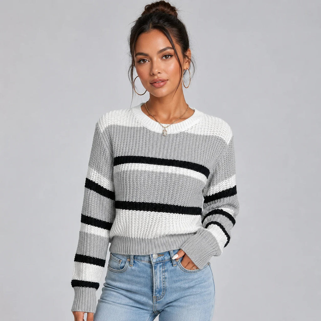 Vanessa | Women's Cropped Striped Jumper Round Neck Soft Knit Relaxed Cosy Autumn Winter