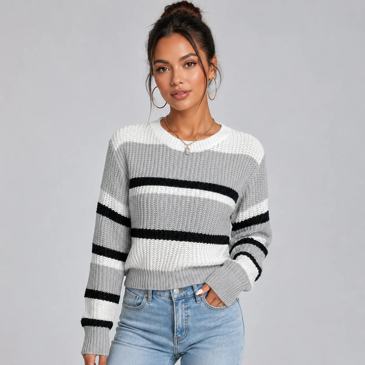Vanessa | Women's Cropped Striped Jumper Round Neck Soft Knit Relaxed Cosy Autumn Winter