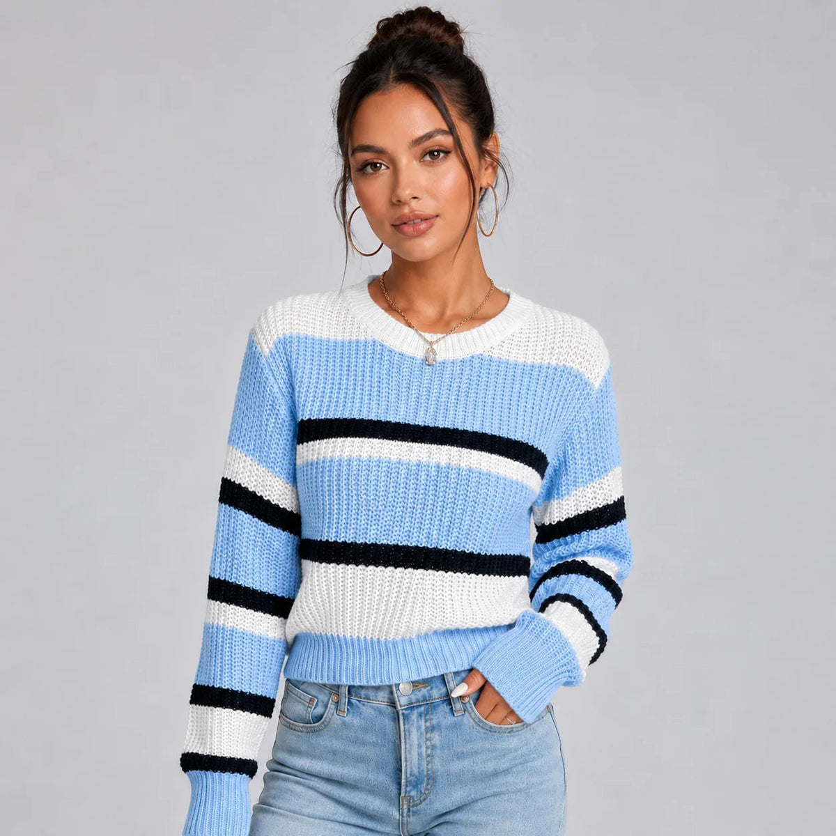 Vanessa | Women's Cropped Striped Jumper Round Neck Soft Knit Relaxed Cosy Autumn Winter