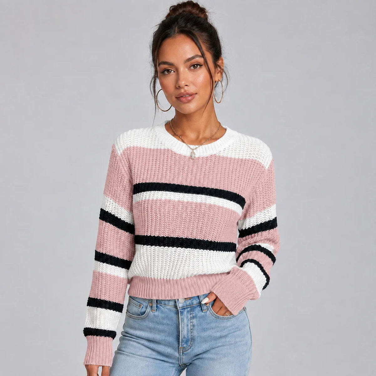 Vanessa | Women's Cropped Striped Jumper Round Neck Soft Knit Relaxed Cosy Autumn Winter