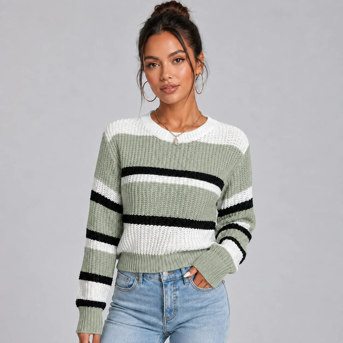 Vanessa | Women's Cropped Striped Jumper Round Neck Soft Knit Relaxed Cosy Autumn Winter
