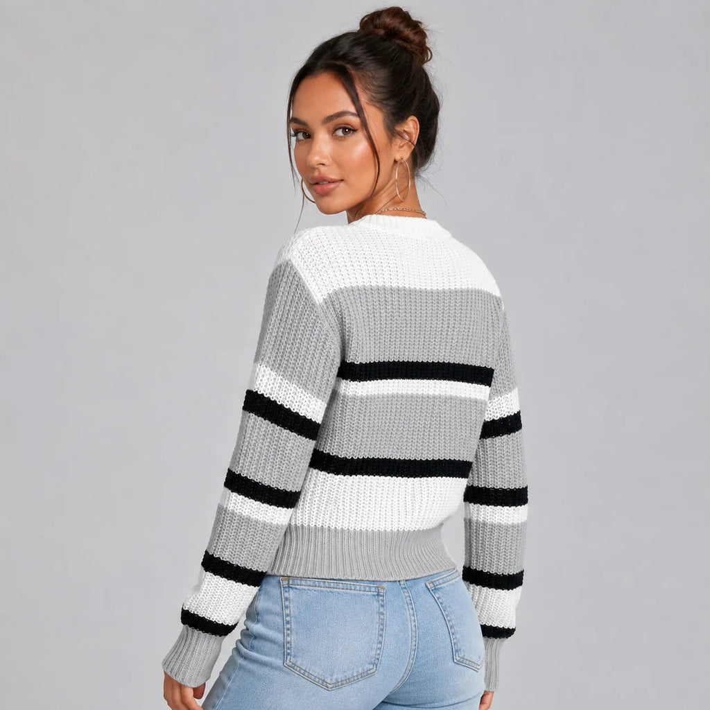 Vanessa | Women's Cropped Striped Jumper Round Neck Soft Knit Relaxed Cosy Autumn Winter