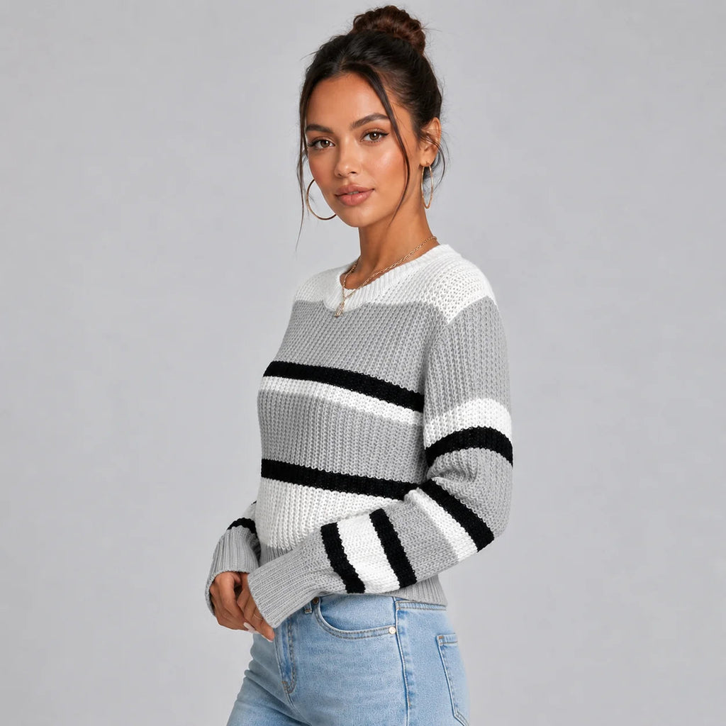 Vanessa | Women's Cropped Striped Jumper Round Neck Soft Knit Relaxed Cosy Autumn Winter