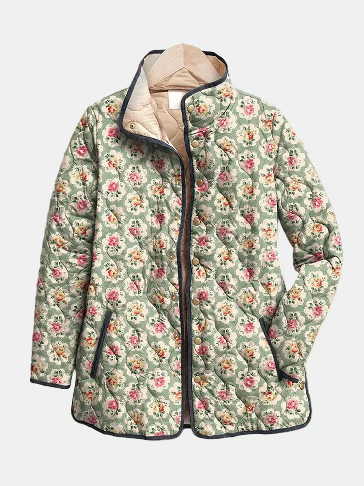 Aveline | Women's Quilted Jacket, Vintage Floral Art Print Winter Jacket - Floral