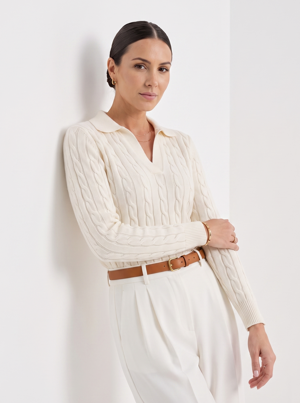 Gwenn | Women's Cable Knit Sweater, Premium Winter Knit - White