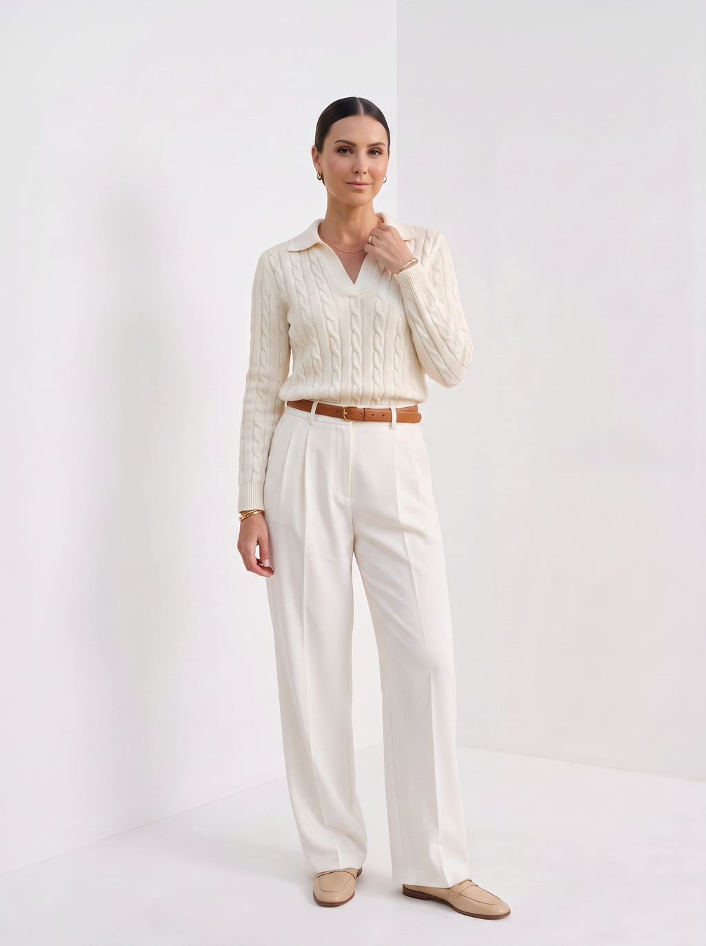 Gwenn | Women's Cable Knit Sweater, Premium Winter Knit - White