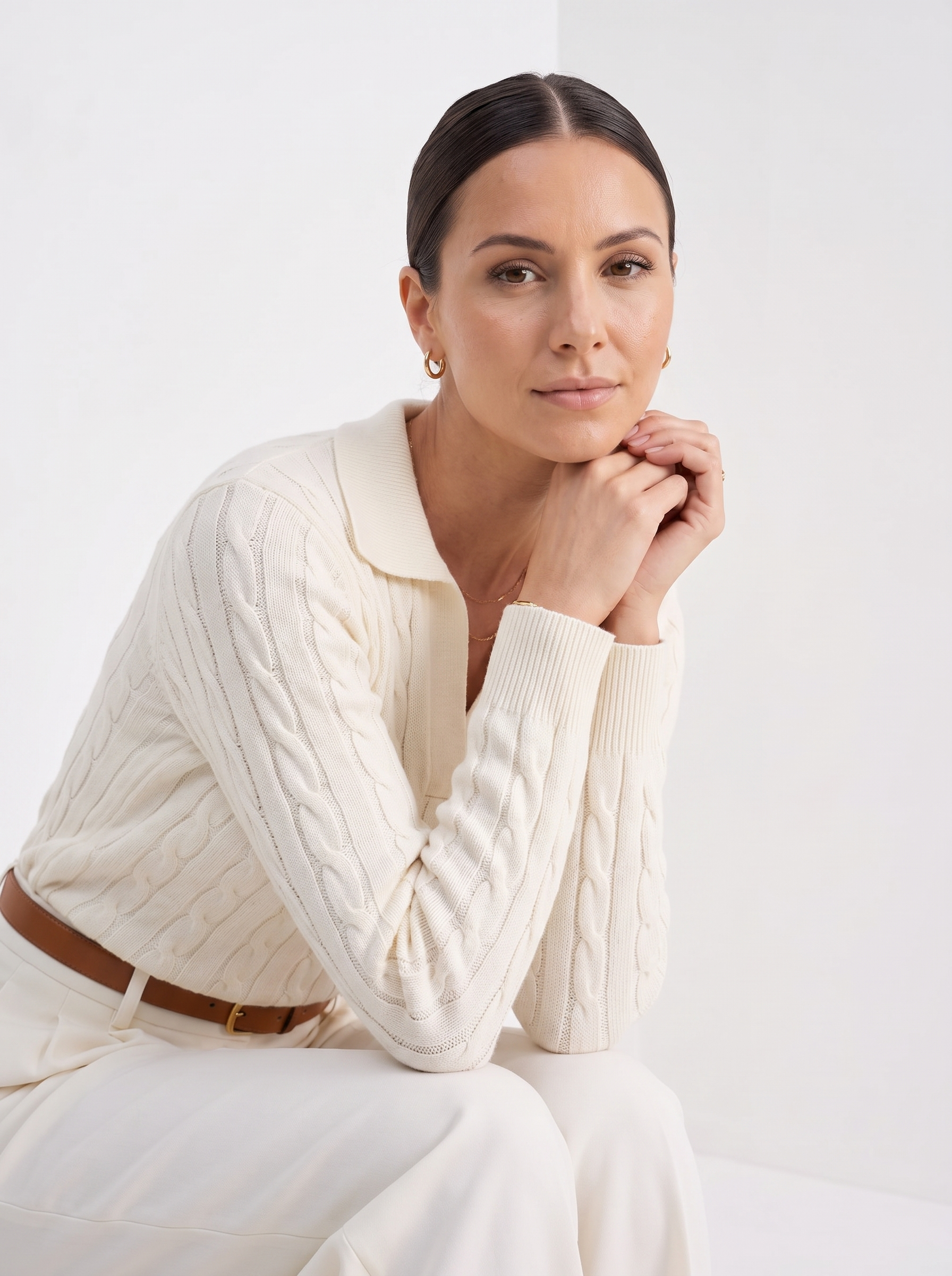 Gwenn | Women's Cable Knit Sweater, Premium Winter Knit - White