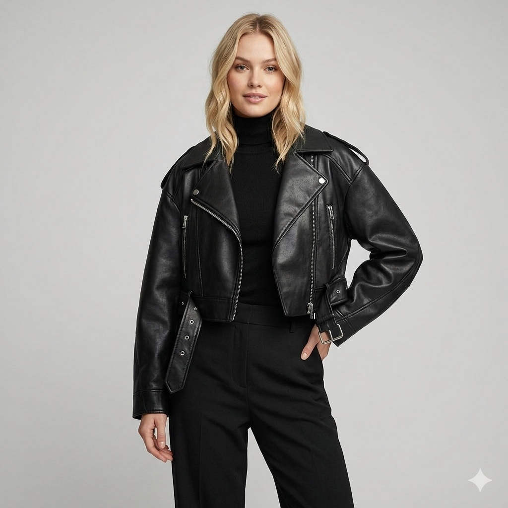 Elise | Women's Cropped Moto Leather Jacket, Winter Biker Jacket - Black