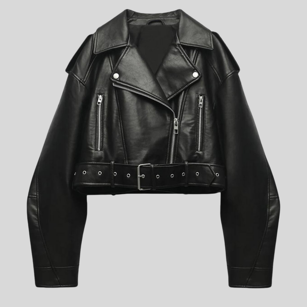 Elise | Women's Cropped Moto Leather Jacket, Winter Biker Jacket - Black