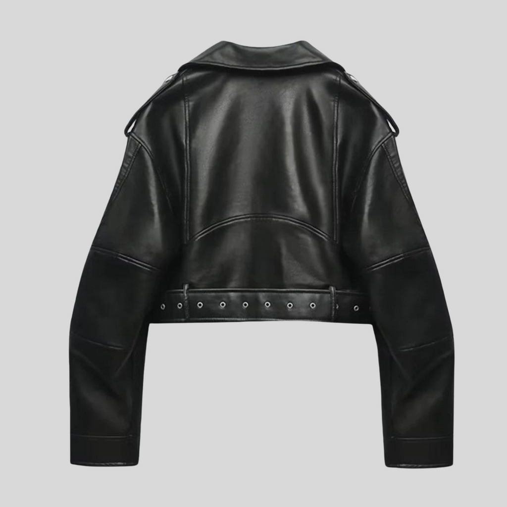 Elise | Women's Cropped Moto Leather Jacket, Winter Biker Jacket - Black