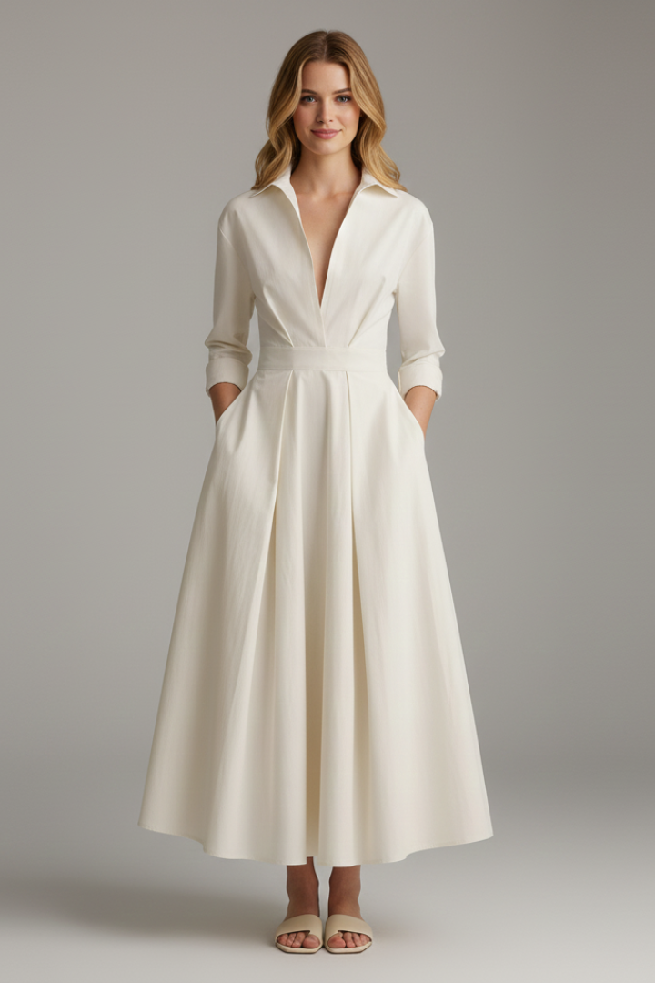 Sarah | Women's Button-Front Collared Midi Dress, Long Dress