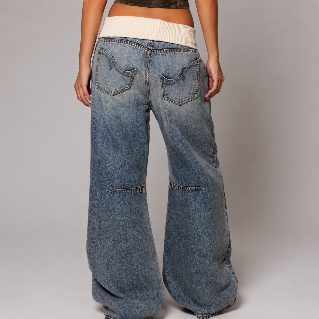Nova | Women's Baggy Wide-Leg Jeans, Ribbed Waistband Urban Pants - Blue