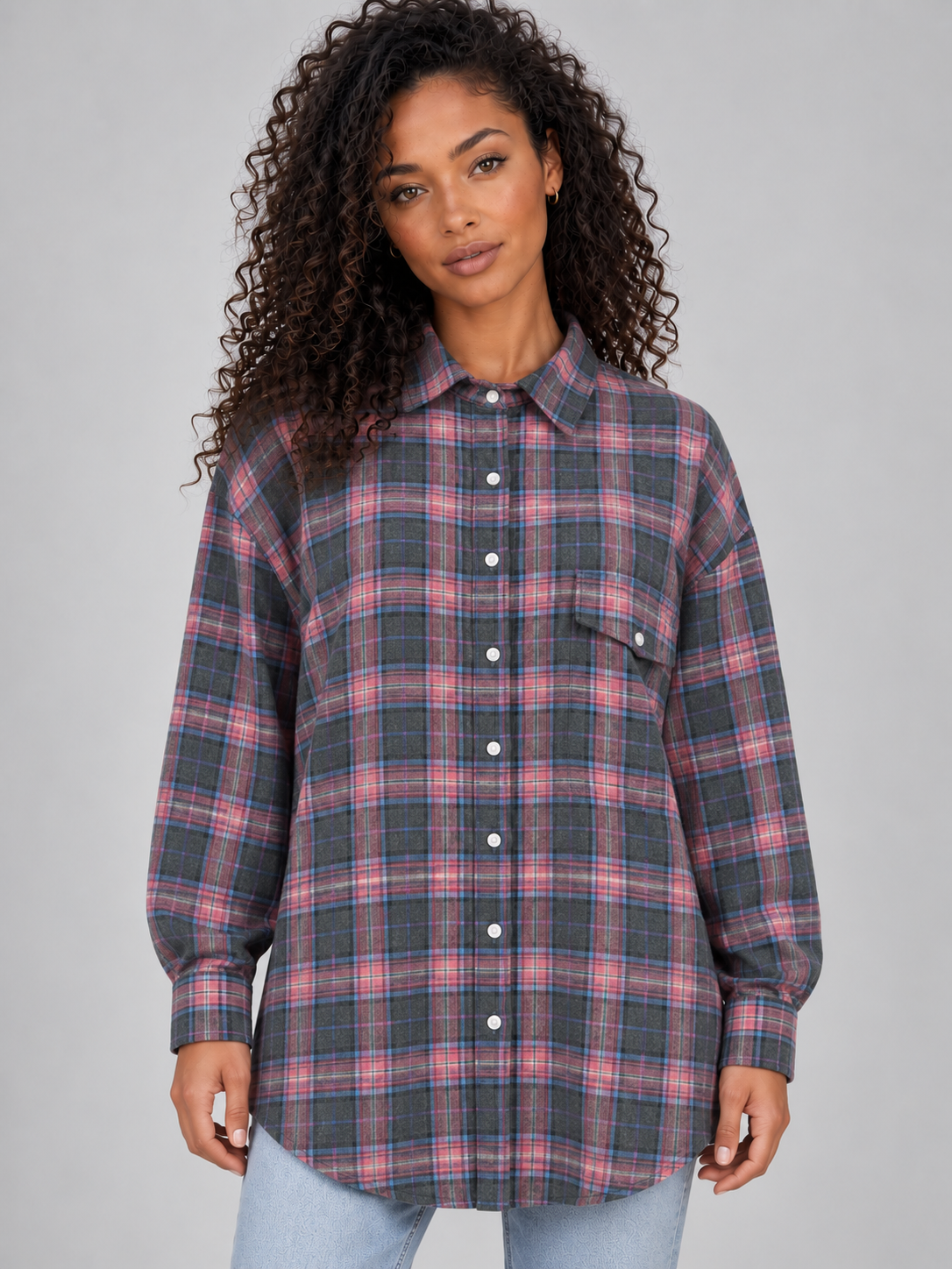 Willa | Women's Oversized Check Shirt Longline Button-Up Blouse