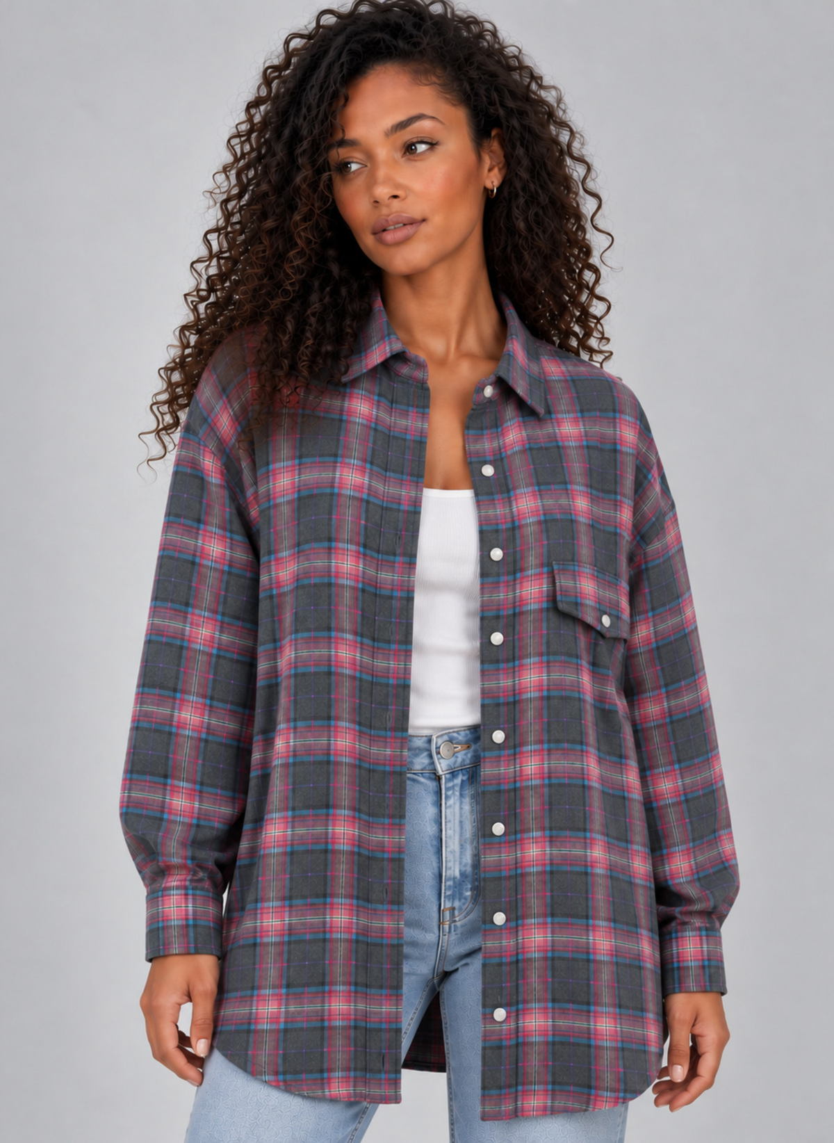 Willa | Women's Oversized Check Shirt Longline Button-Up Blouse