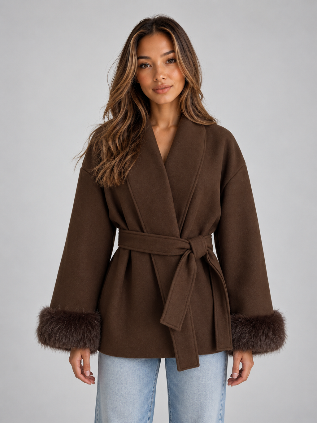 Xanthe | Women's Belted Wrap Coat Faux Fur Cuff Short Jacket