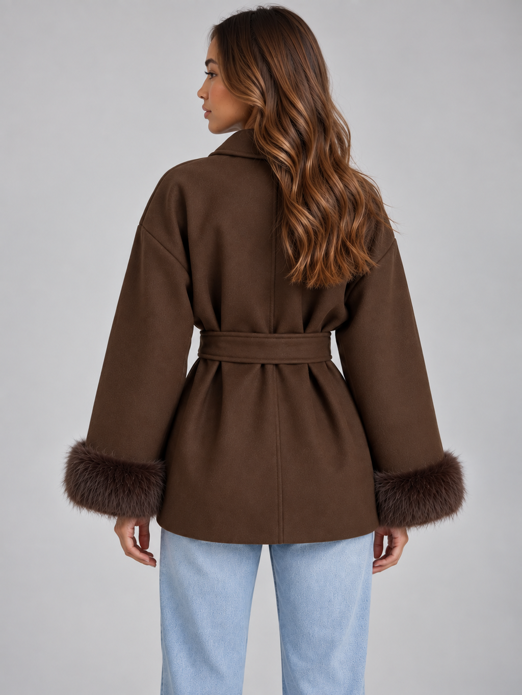 Xanthe | Women's Belted Wrap Coat Faux Fur Cuff Short Jacket