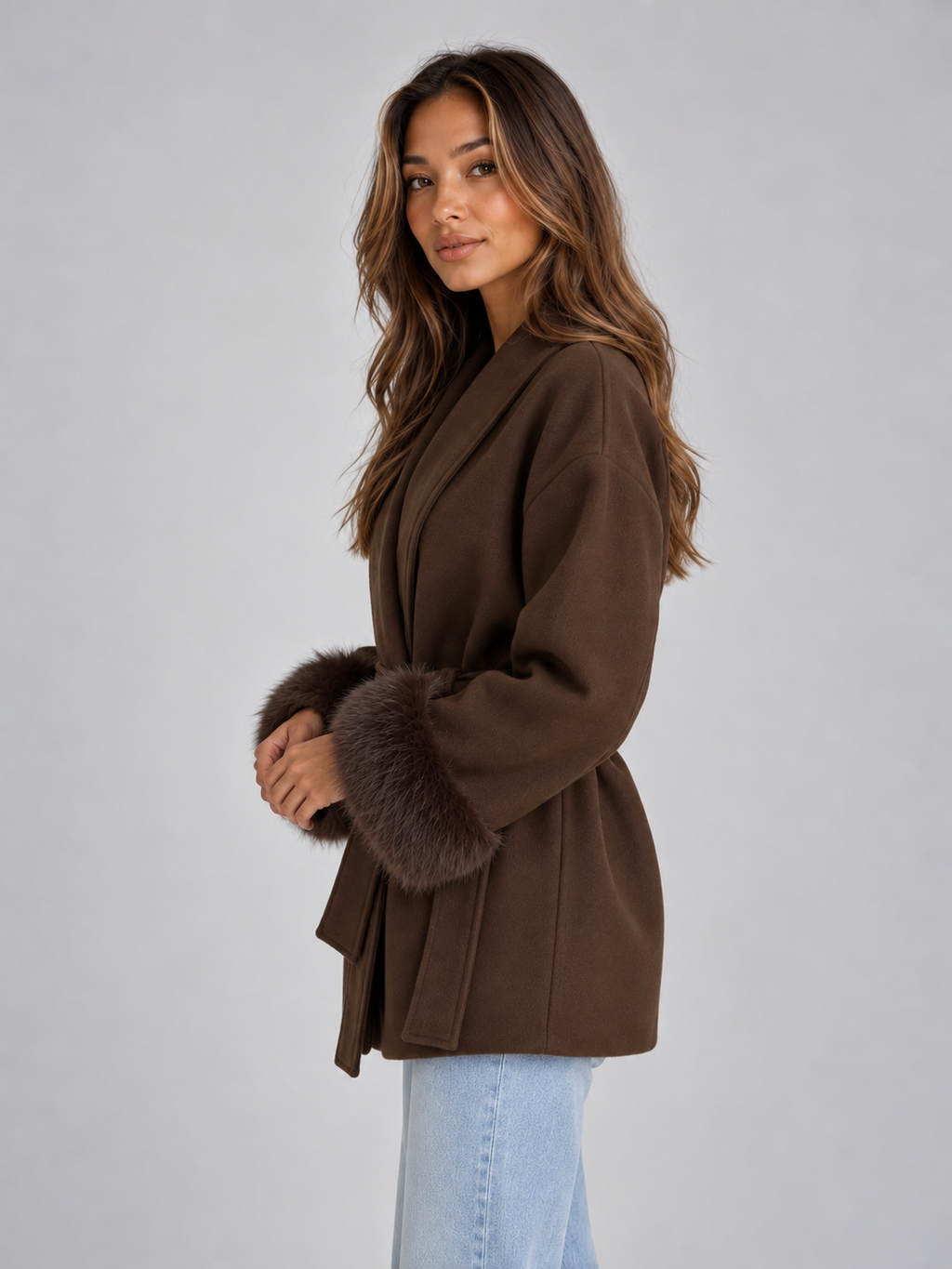 Xanthe | Women's Belted Wrap Coat Faux Fur Cuff Short Jacket