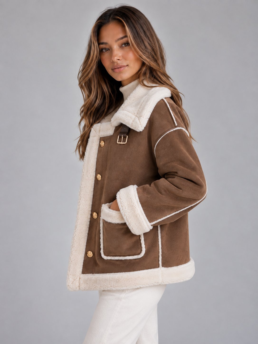 Zelda | Women's Faux Shearling Suede Look Jacket Aviator Style Coat